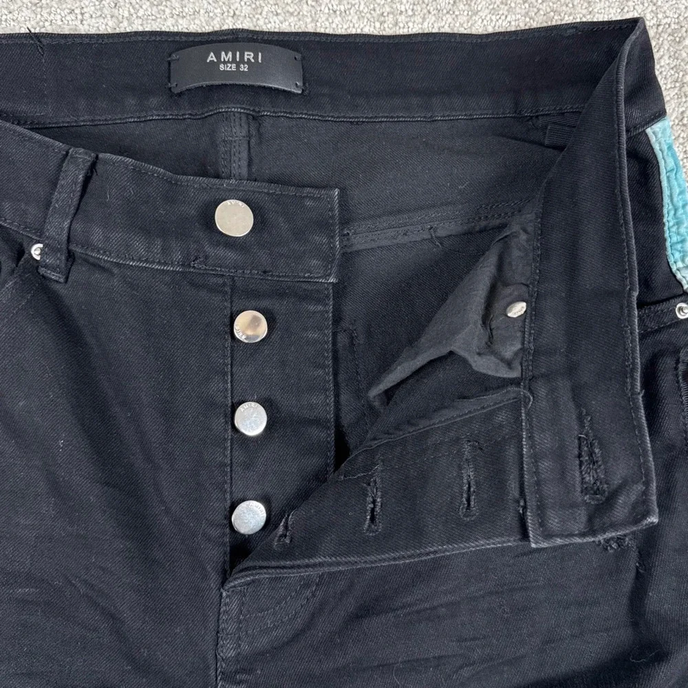 Amiri Mens 32x30 Black Distressed Side Stripe Zip Skinny Denim Jeans Made USA